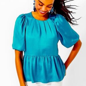 NWT! $138 Lilly Pulitzer Blakelynn Elbow Sleeve Top Blue Rhapsody Size 0